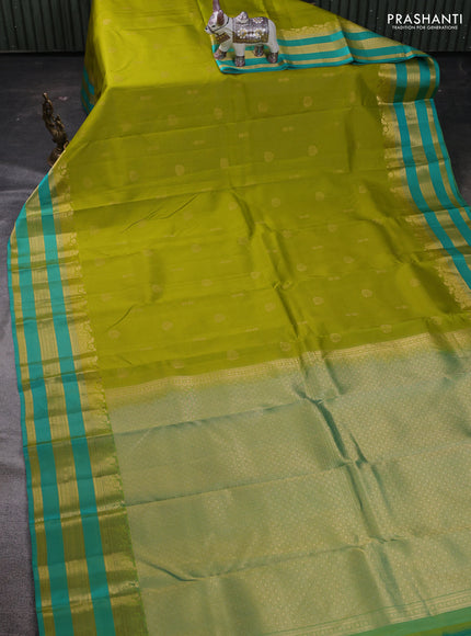 Lime Green & Teal Blue Pure Kanchipuram Silk Saree