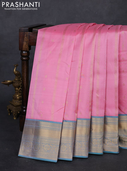 Pastel Pink & Teal Green Pure Kanchipuram Silk Saree - Buttas