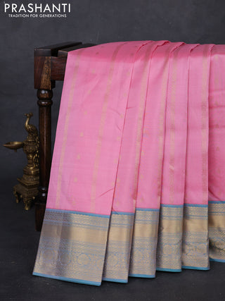 Pastel Pink & Teal Green Pure Kanchipuram Silk Saree - Buttas