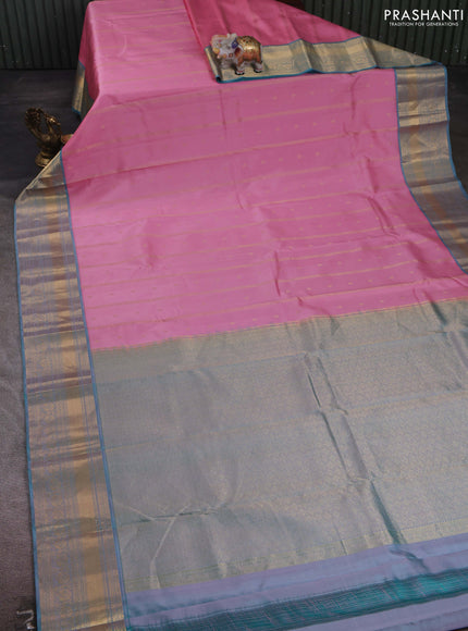 Pastel Pink & Teal Green Pure Kanchipuram Silk Saree - Buttas