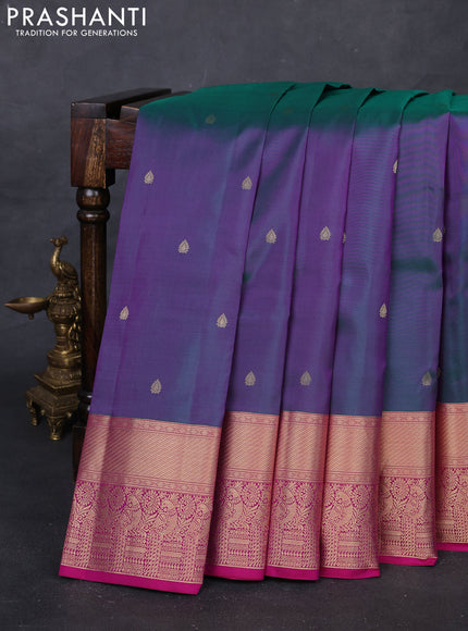 Peacock Blue & Pink Pure Kanchipuram Silk Saree - Buttas