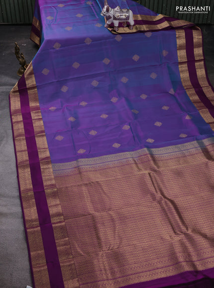 Blue & Purple Pure Kanchipuram Silk Saree - Buttas