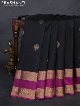 Black & Magenta Pink Pure Kanchipuram Silk Saree - Buttas