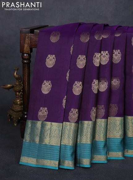 Violet & Teal Blue Pure Kanchipuram Silk Saree - Buttas