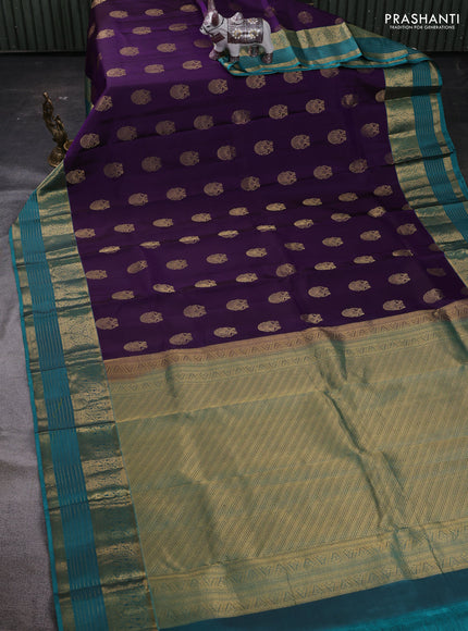 Violet & Teal Blue Pure Kanchipuram Silk Saree - Buttas