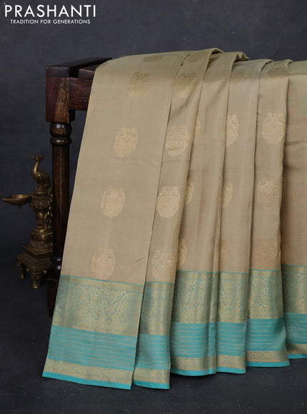 Beige & Teal Green Pure Kanchipuram Silk Saree - Buttas
