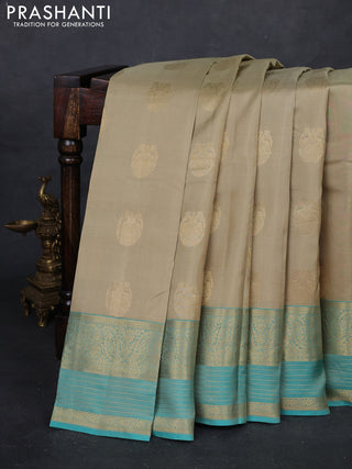 Beige & Teal Green Pure Kanchipuram Silk Saree - Buttas