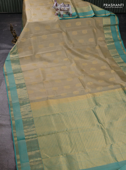 Beige & Teal Green Pure Kanchipuram Silk Saree - Buttas