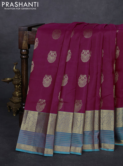 Magenta Pink & Teal Blue Pure Kanchipuram Silk Saree - Buttas