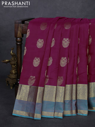 Magenta Pink & Teal Blue Pure Kanchipuram Silk Saree - Buttas