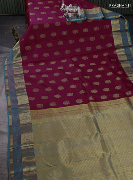 Magenta Pink & Teal Blue Pure Kanchipuram Silk Saree - Buttas