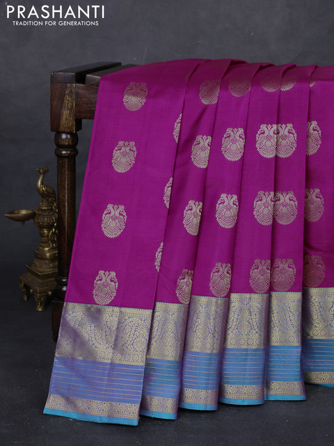 Magenta Pink & Teal Green Pure Kanchipuram Silk Saree - Buttas