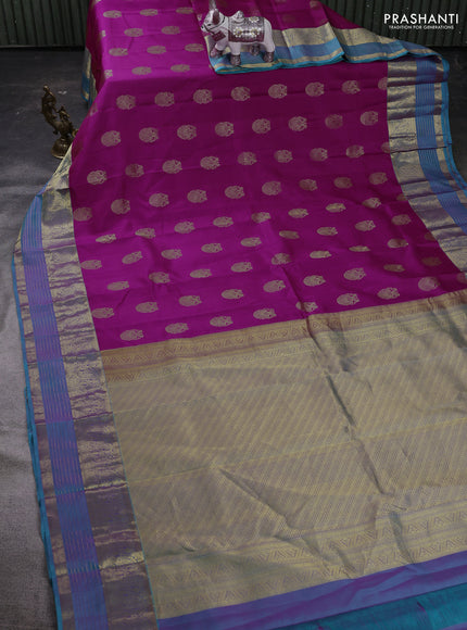 Magenta Pink & Teal Green Pure Kanchipuram Silk Saree - Buttas