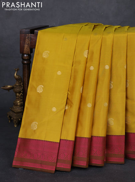Mustard Yellow & Pink Pure Kanchipuram Silk Saree - Buttas