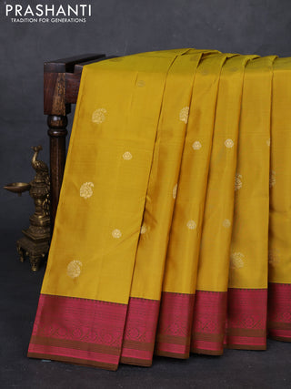 Mustard Yellow & Pink Pure Kanchipuram Silk Saree - Buttas