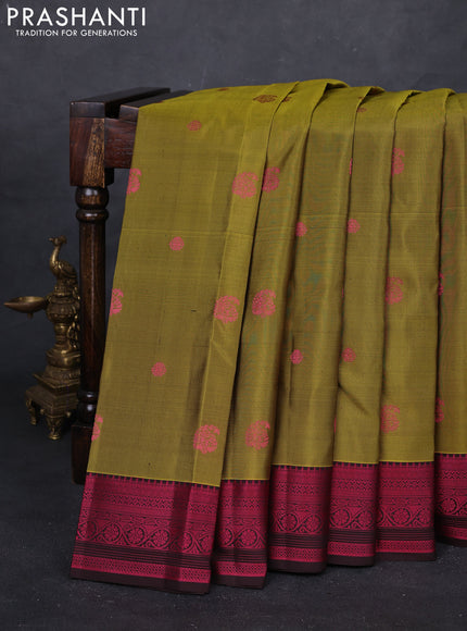 Mehendi Green & Coffee Brown Pure Kanchipuram Silk Saree - Buttas