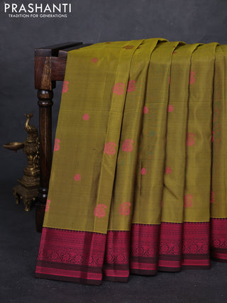 Mehendi Green & Coffee Brown Pure Kanchipuram Silk Saree - Buttas