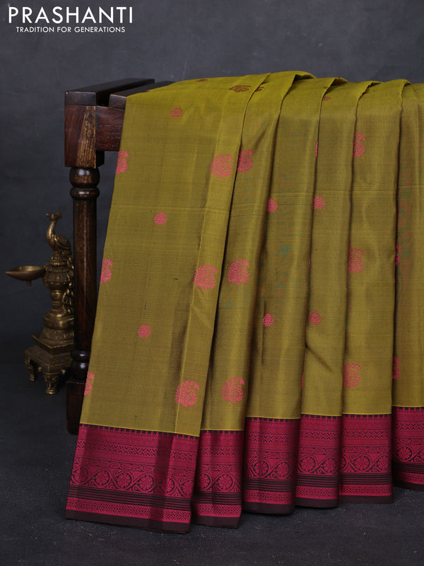 Mehendi Green & Coffee Brown Pure Kanchipuram Silk Saree - Buttas