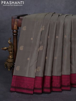 Grey & Coffee Brown Pure Kanchipuram Silk Saree - Buttas
