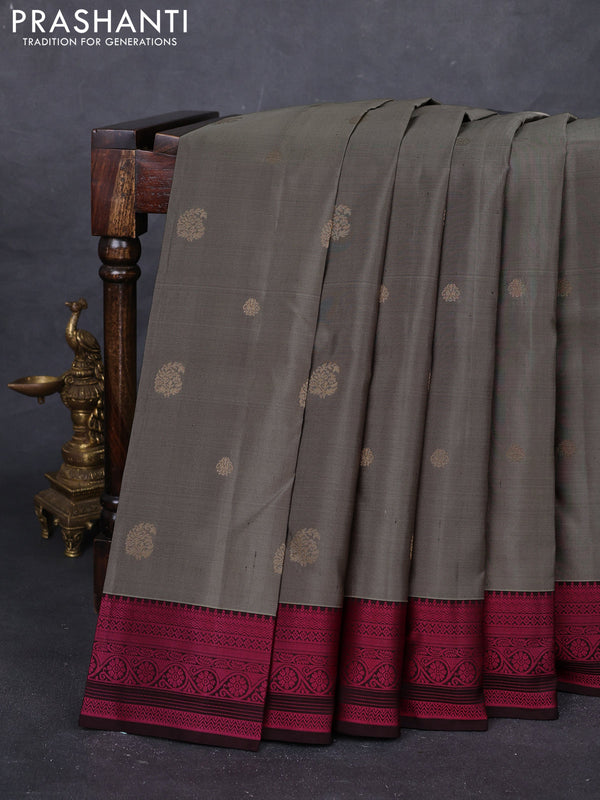 Grey & Coffee Brown Pure Kanchipuram Silk Saree - Buttas