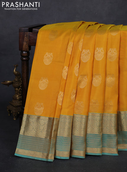 Mustard Yellow & Teal Green Pure Kanchipuram Silk Saree - Buttas