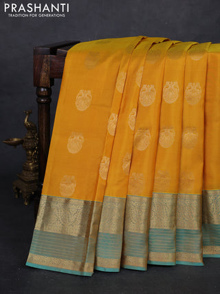 Mustard Yellow & Teal Green Pure Kanchipuram Silk Saree - Buttas
