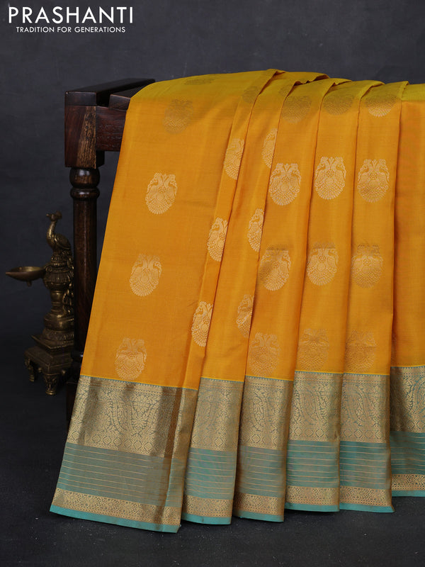 Mustard Yellow & Teal Green Pure Kanchipuram Silk Saree - Buttas