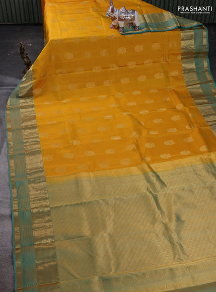 Mustard Yellow & Teal Green Pure Kanchipuram Silk Saree - Buttas