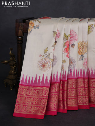Cream & Pink Pochampally Silk - Digital Prints