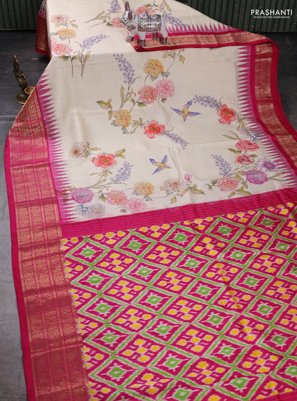 Cream & Pink Pochampally Silk - Digital Prints