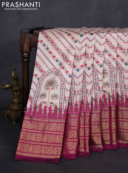 Cream & Magenta Pink Pochampally Silk - Digital Prints