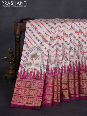 Cream & Magenta Pink Pochampally Silk - Digital Prints