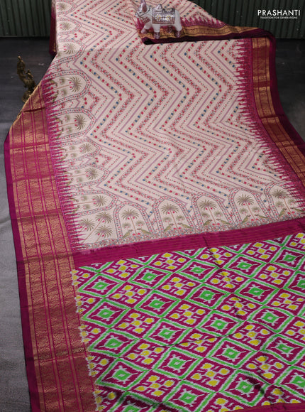 Cream & Magenta Pink Pochampally Silk - Digital Prints