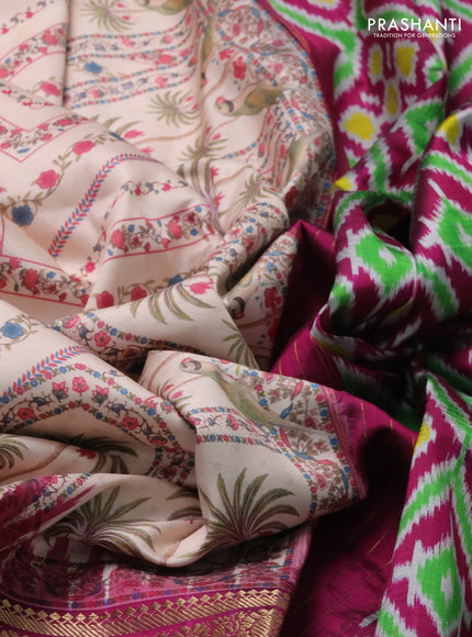 Cream & Magenta Pink Pochampally Silk - Digital Prints