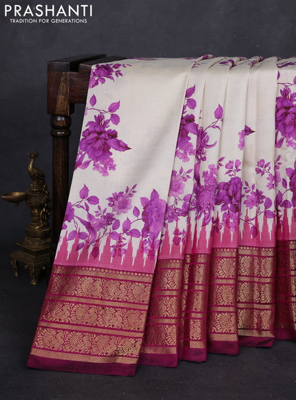 Cream & Magenta Pink Pochampally Silk - Digital Prints