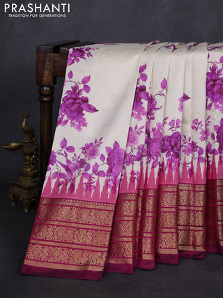 Cream & Magenta Pink Pochampally Silk - Digital Prints