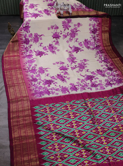 Cream & Magenta Pink Pochampally Silk - Digital Prints