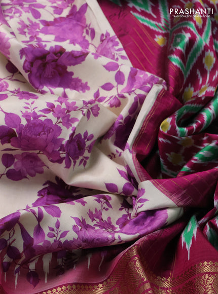 Cream & Magenta Pink Pochampally Silk - Digital Prints