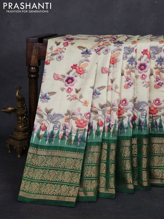 Cream & Green Pochampally Silk - Digital Prints