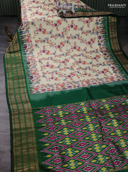 Cream & Green Pochampally Silk - Digital Prints