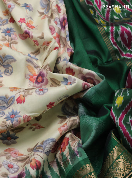 Cream & Green Pochampally Silk - Digital Prints