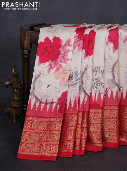 Cream & Red Pochampally Silk - Digital Prints