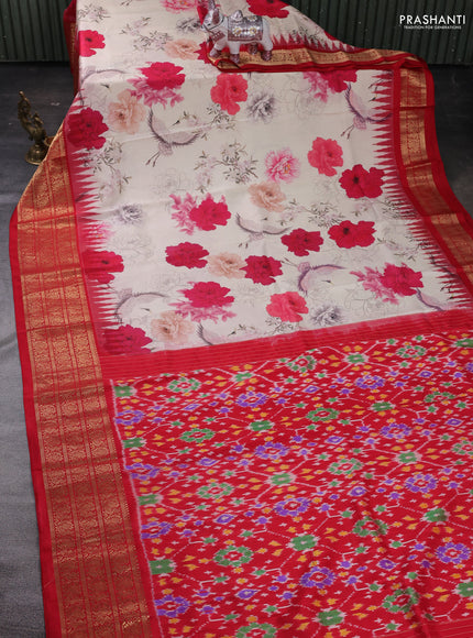 Cream & Red Pochampally Silk - Digital Prints