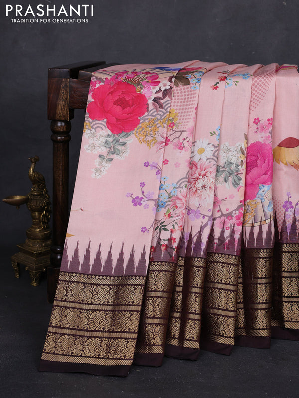 Peach Pink & Coffee Brown Pochampally Silk - Digital Prints