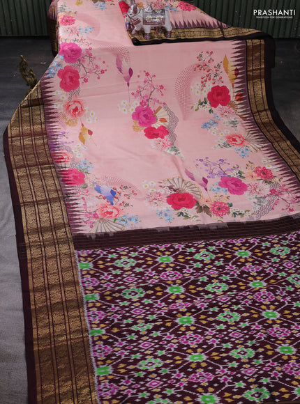 Peach Pink & Coffee Brown Pochampally Silk - Digital Prints