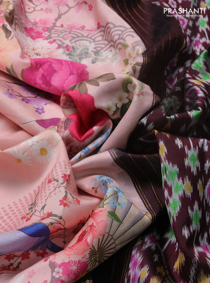 Peach Pink & Coffee Brown Pochampally Silk - Digital Prints