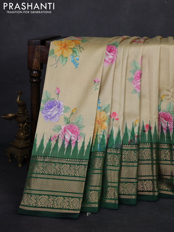 Pale Yellow & Green Pochampally Silk - Digital Prints