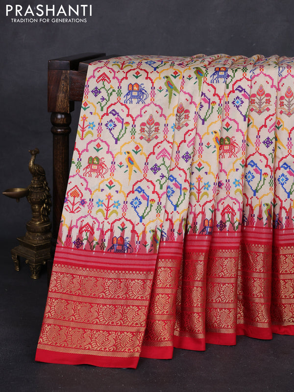 Cream & Red Pochampally Silk - Digital Prints