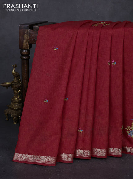 Red Art Tussar Silk - Embroidery
