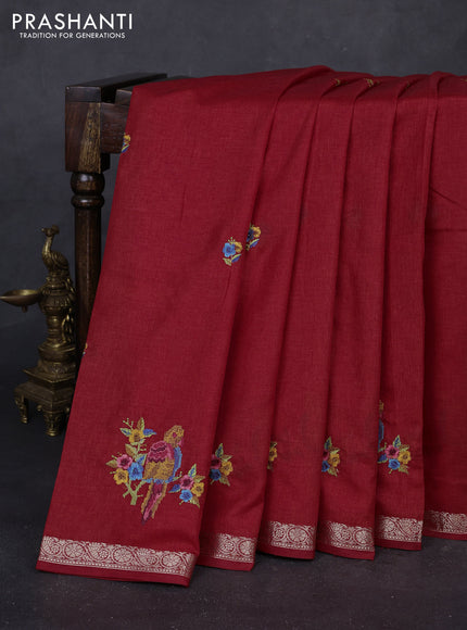 Red Art Tussar Silk - Embroidery